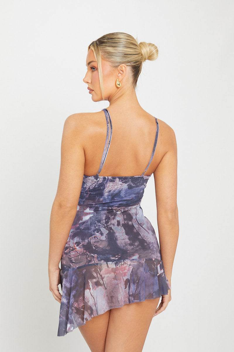 Dusk Mini Dress - Print Mesh Cut Out Frill Detail