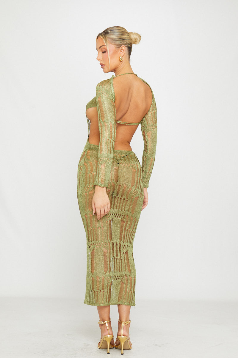 Moss Green Distressed Knit Open-Back Maxi Dress - AMRONI