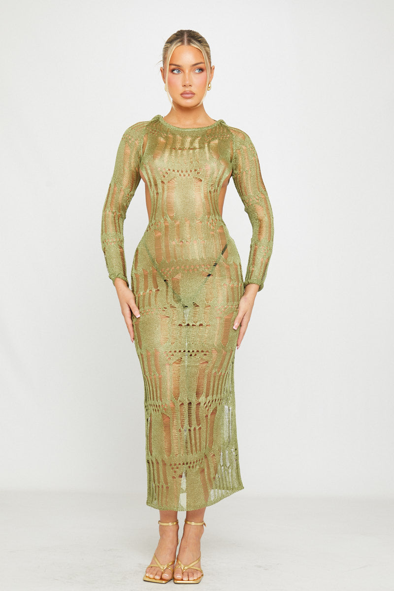 Moss Green Distressed Knit Open-Back Maxi Dress - AMRONI