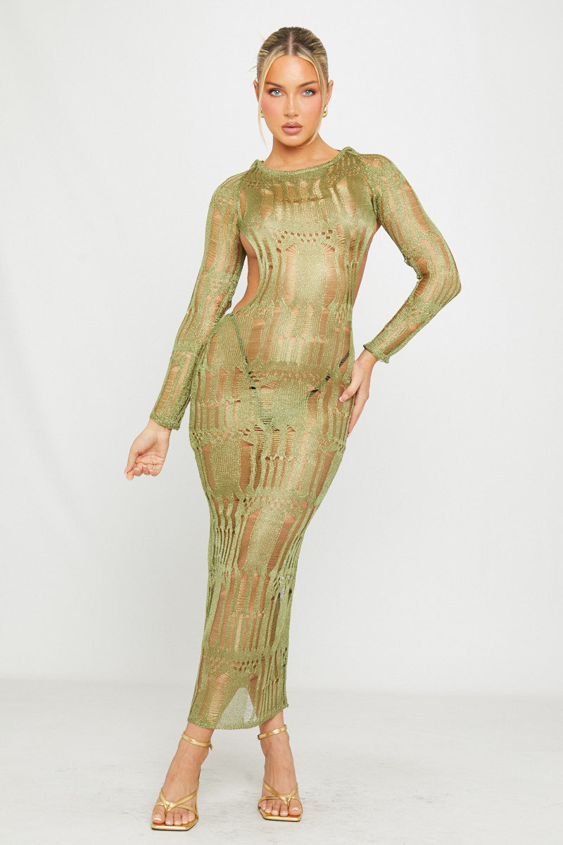 Moss Green Distressed Knit Open-Back Maxi Dress - AMRONI