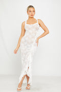 Sheer Lace Ruffle Detail Thigh Split Maxi Dress in White