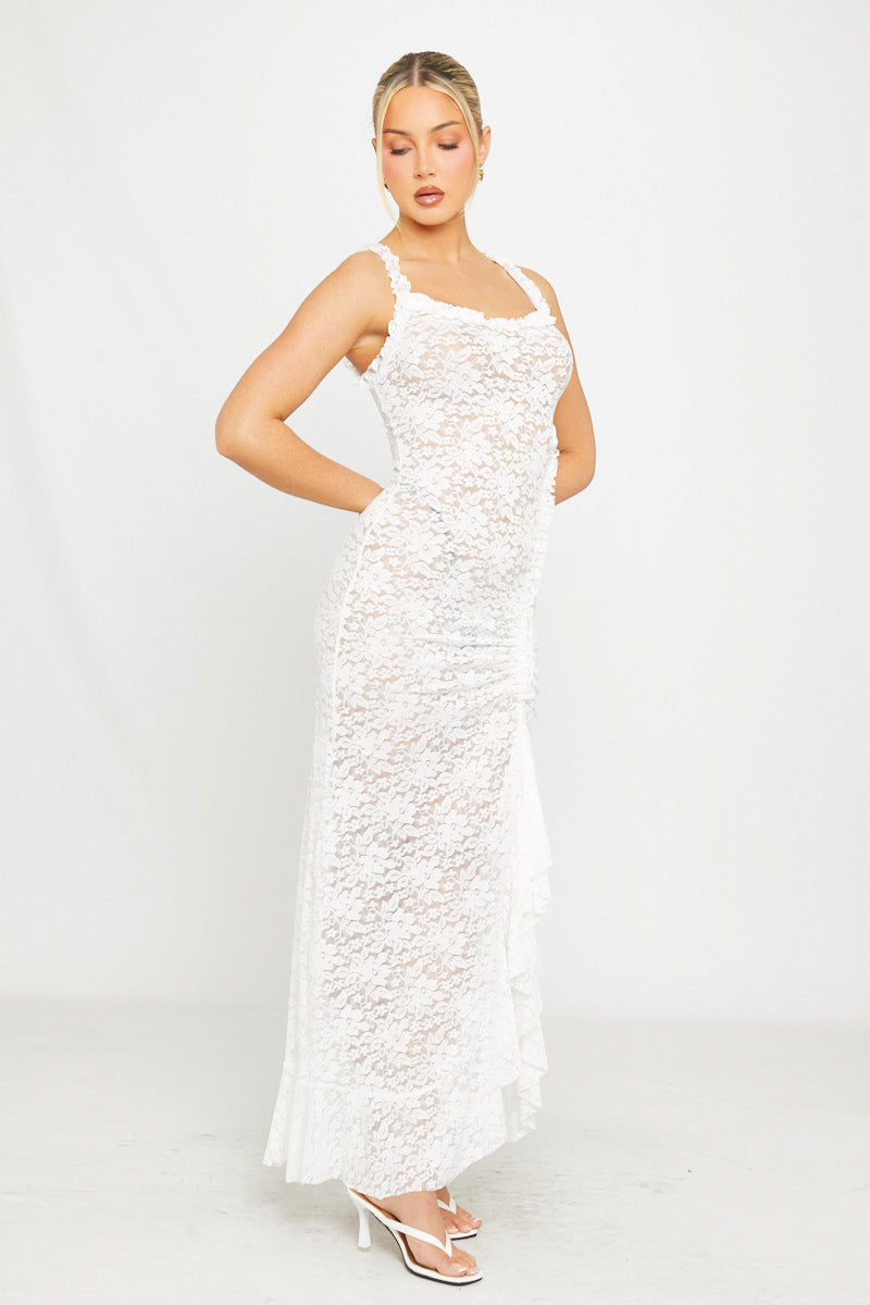 Sheer Lace Ruffle Detail Thigh Split Maxi Dress in White