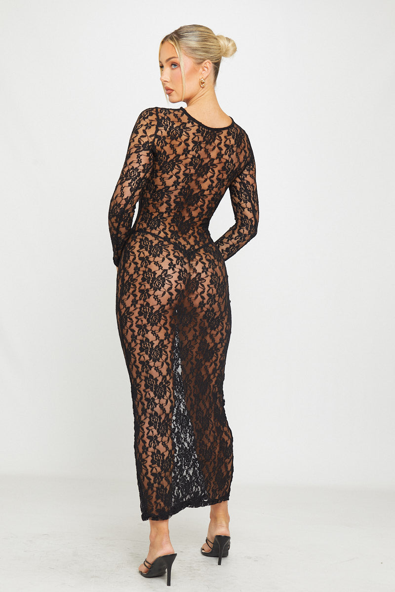 Black Maxi Dress - Sheer Lace Detail Long-Sleeve Bodycon