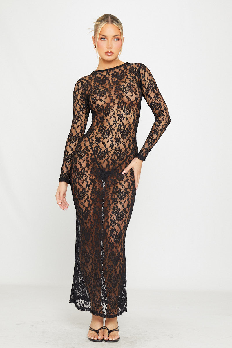 Black Maxi Dress - Sheer Lace Detail Long-Sleeve Bodycon