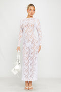 White Maxi Dress - Sheer Lace Detail Long Sleeve Fitted