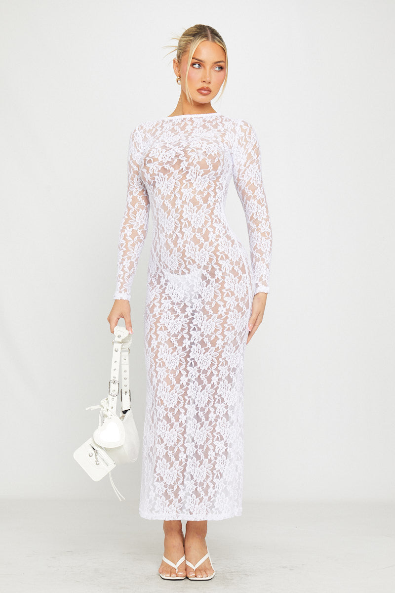White Maxi Dress - Sheer Lace Detail Long Sleeve Fitted