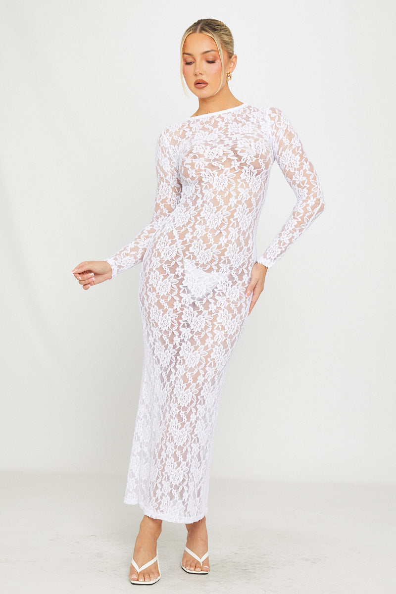 White Maxi Dress - Sheer Lace Detail Long Sleeve Fitted