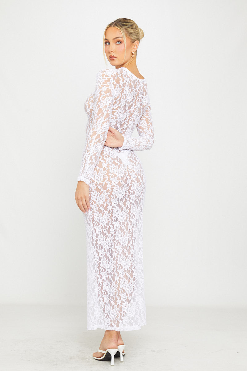 White Maxi Dress - Sheer Lace Detail Long Sleeve Fitted
