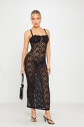 Sheer Lace Bustier Strappy Bodycon Maxi Dress in Black