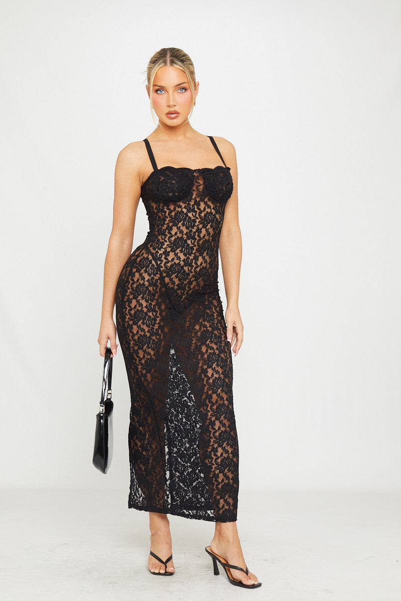 Sheer Lace Bustier Strappy Bodycon Maxi Dress in Black