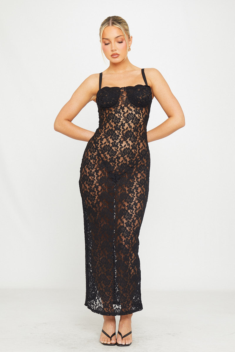 Sheer Lace Bustier Strappy Bodycon Maxi Dress in Black