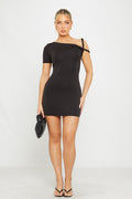 Black Asymmetric-Cut One Shoulder Twist-Front Mini Dress - AMRONI