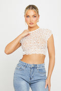 Sheer Lace Short Sleeve Crop Top in White