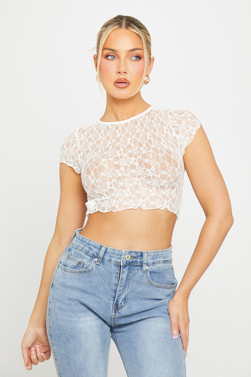 Sheer Lace Short Sleeve Crop Top in White
