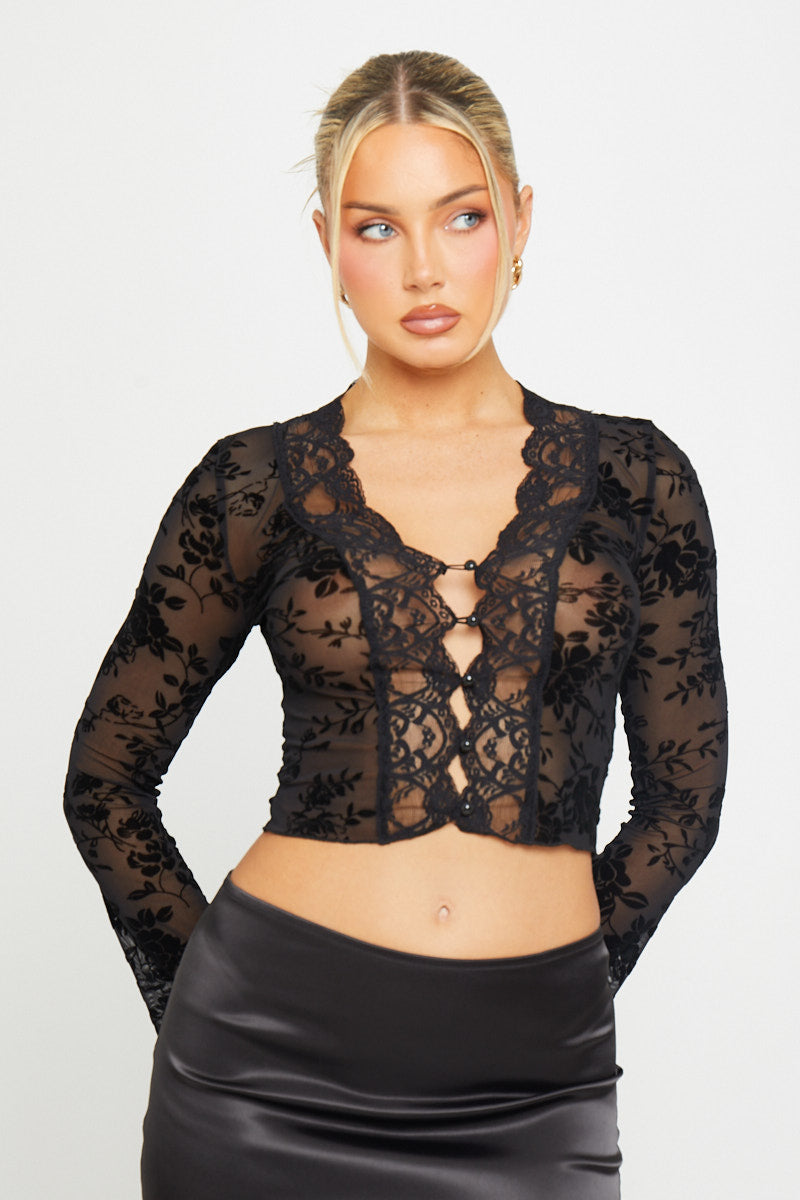 Sheer Floral Plunge Flared Sleeve Top in Black