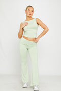 Open Back Crop Top & Fold Over Flared Leggings in Light Sage