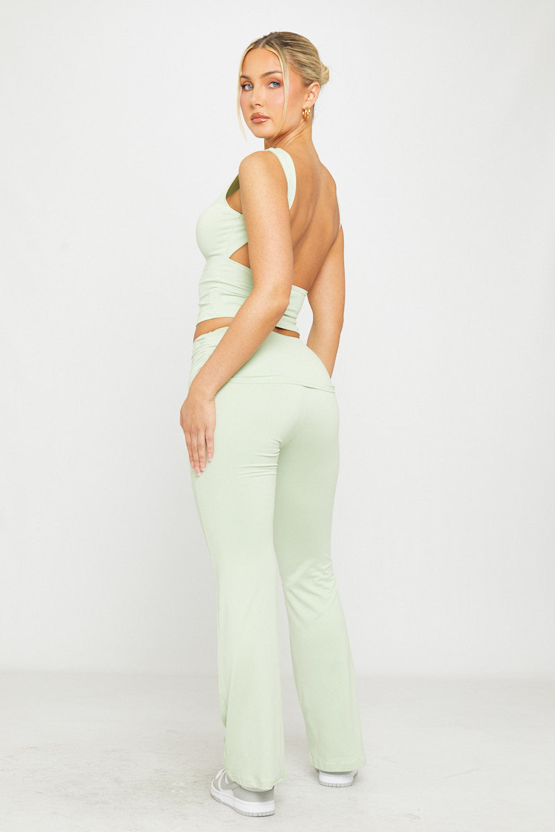 Open Back Crop Top & Fold Over Flared Leggings in Light Sage