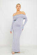 Grey Bardot Fold Over Full Sleeve Maxi Dress - AMRONI