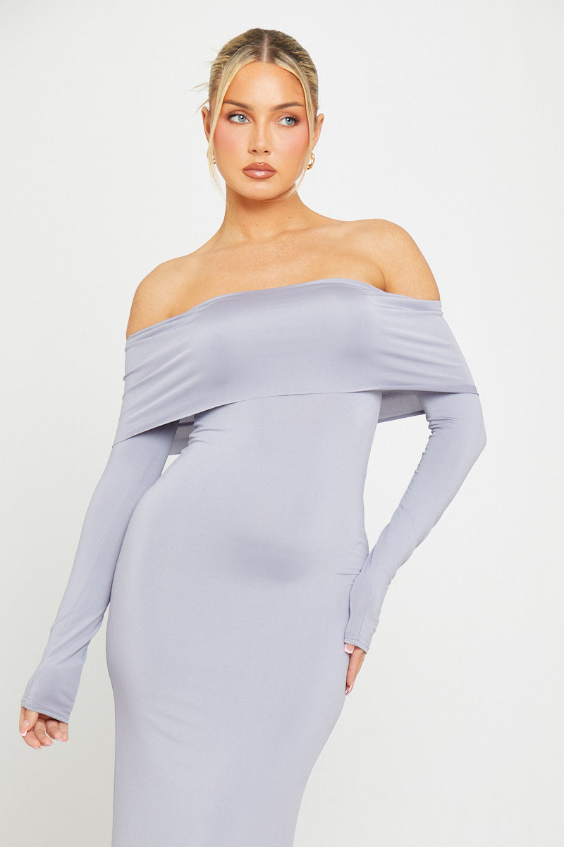Grey Bardot Fold Over Full Sleeve Maxi Dress - AMRONI