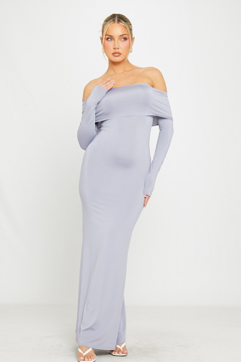 Grey Bardot Fold Over Full Sleeve Maxi Dress - AMRONI