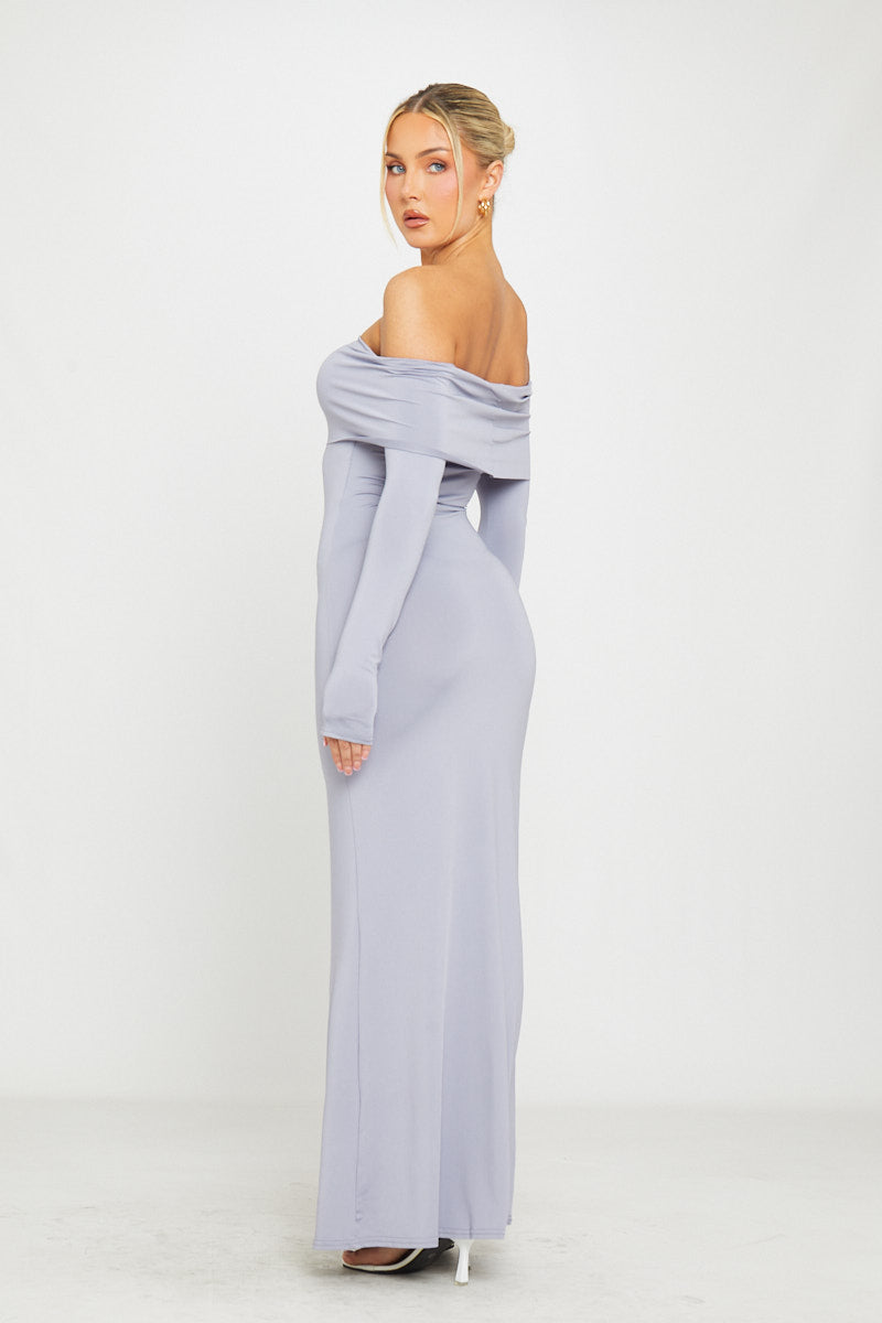 Grey Bardot Fold Over Full Sleeve Maxi Dress - AMRONI