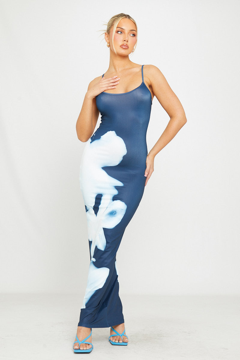 Floral Print Strappy Bodycon Maxi Dress in Blue