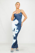 Floral Print Strappy Bodycon Maxi Dress in Blue