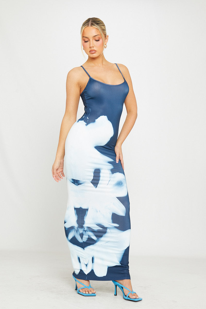 Floral Print Strappy Bodycon Maxi Dress in Blue