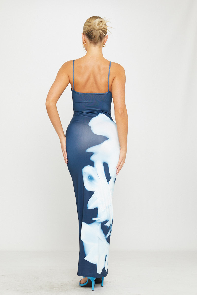 Floral Print Strappy Bodycon Maxi Dress in Blue