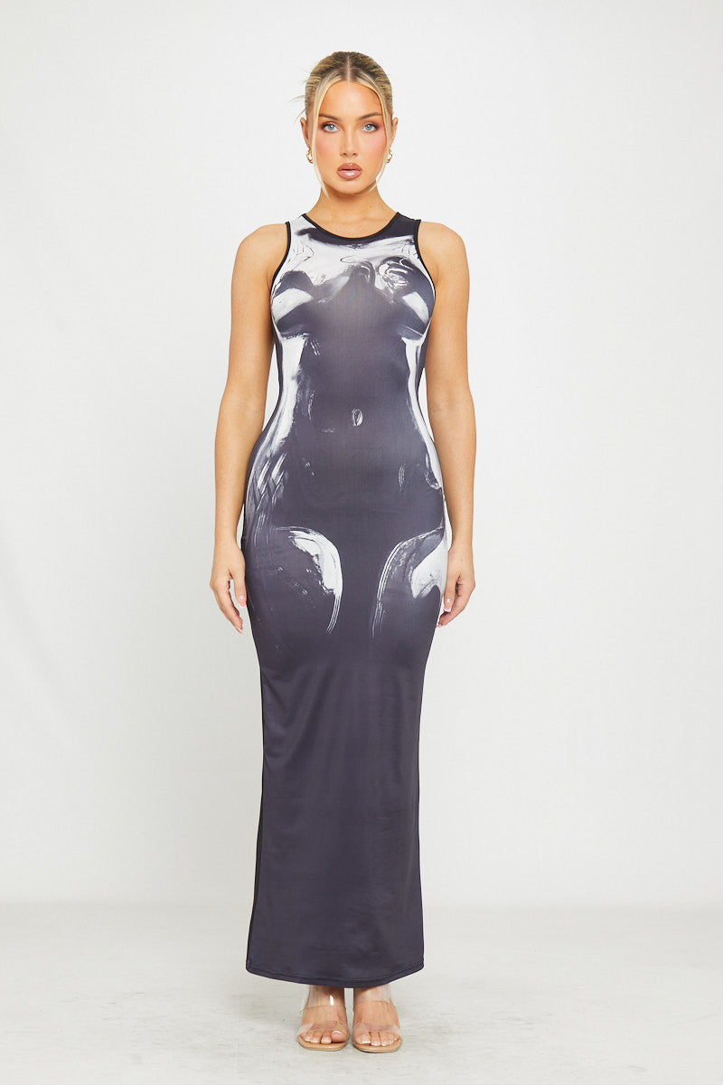 Body Heat Print Sleeveless Maxi Dress in Black
