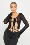 Sheer Ruffle Detail Tie Front Long Sleeve Top in Black