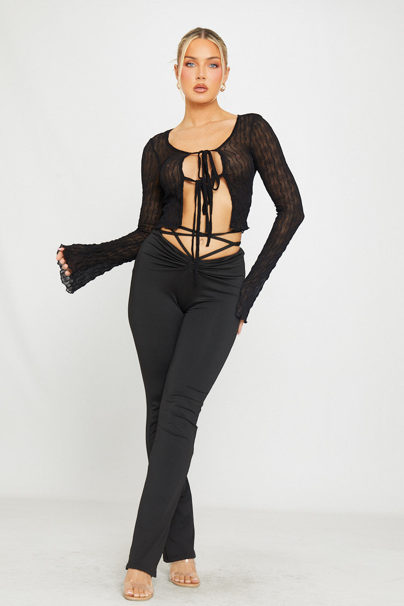 Sheer Ruffle Detail Tie Front Long Sleeve Top in Black
