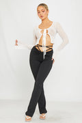 Sheer Ruffle Detail Tie Front Long Sleeve Top in White