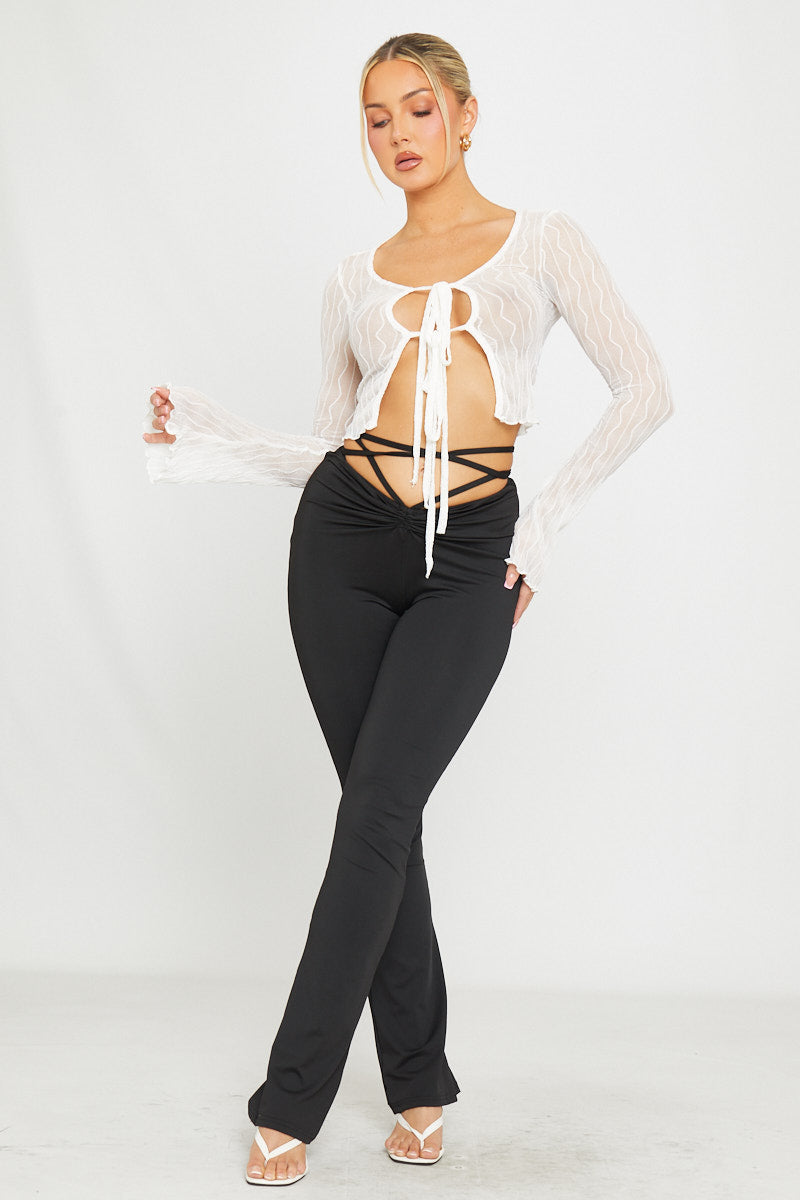 Sheer Ruffle Detail Tie Front Long Sleeve Top in White