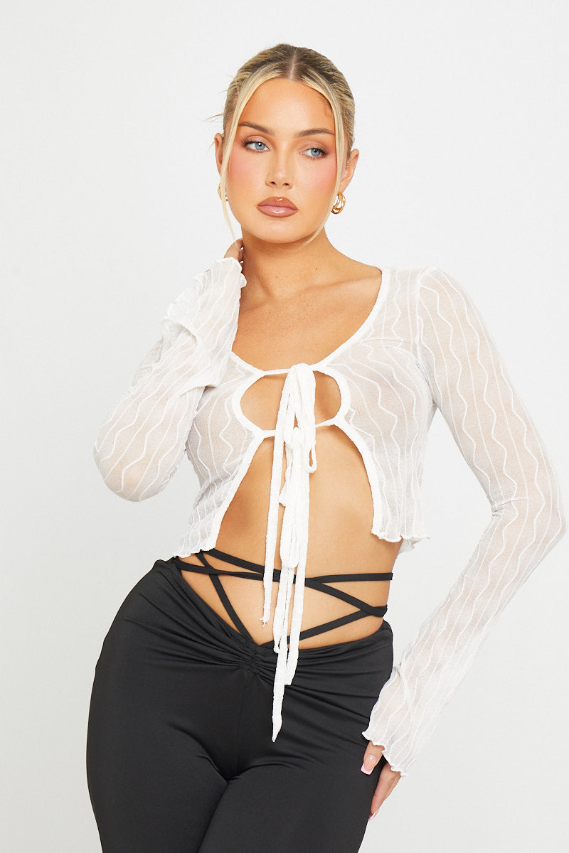 Sheer Ruffle Detail Tie Front Long Sleeve Top in White