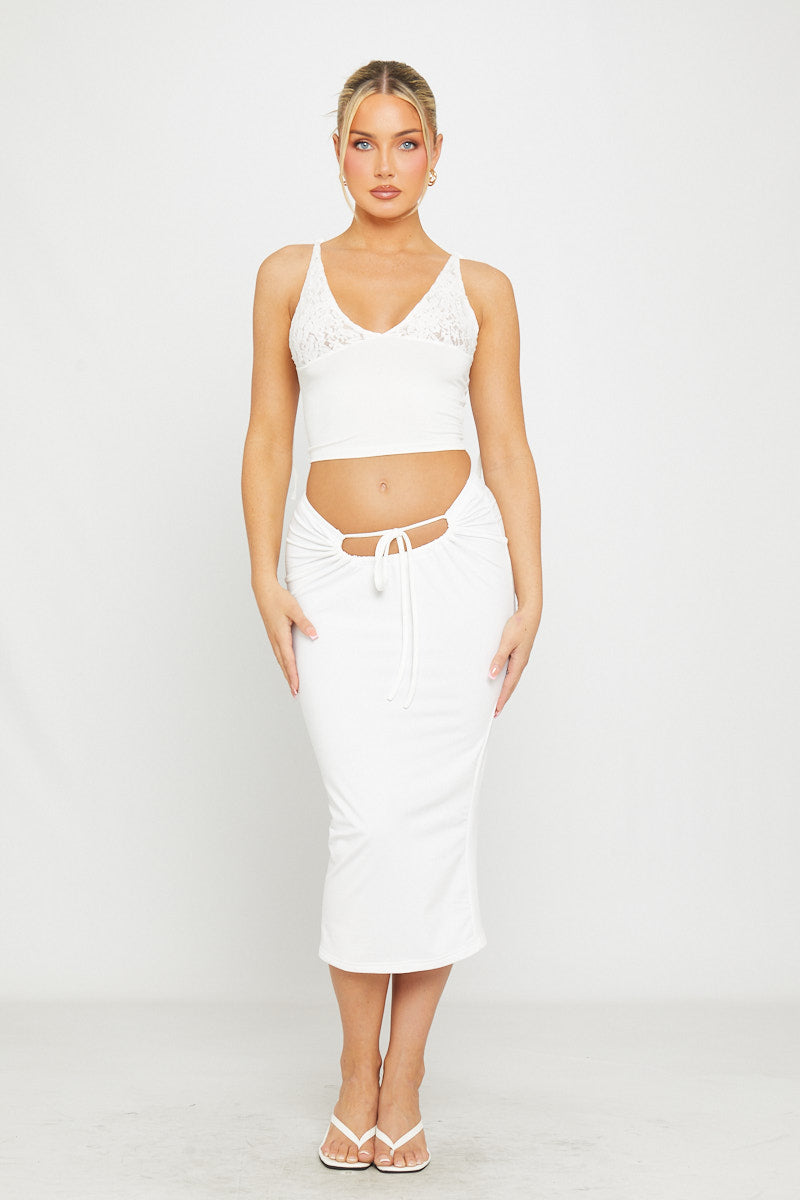 Lace Plunge Shoulder Tie Crop Top in White