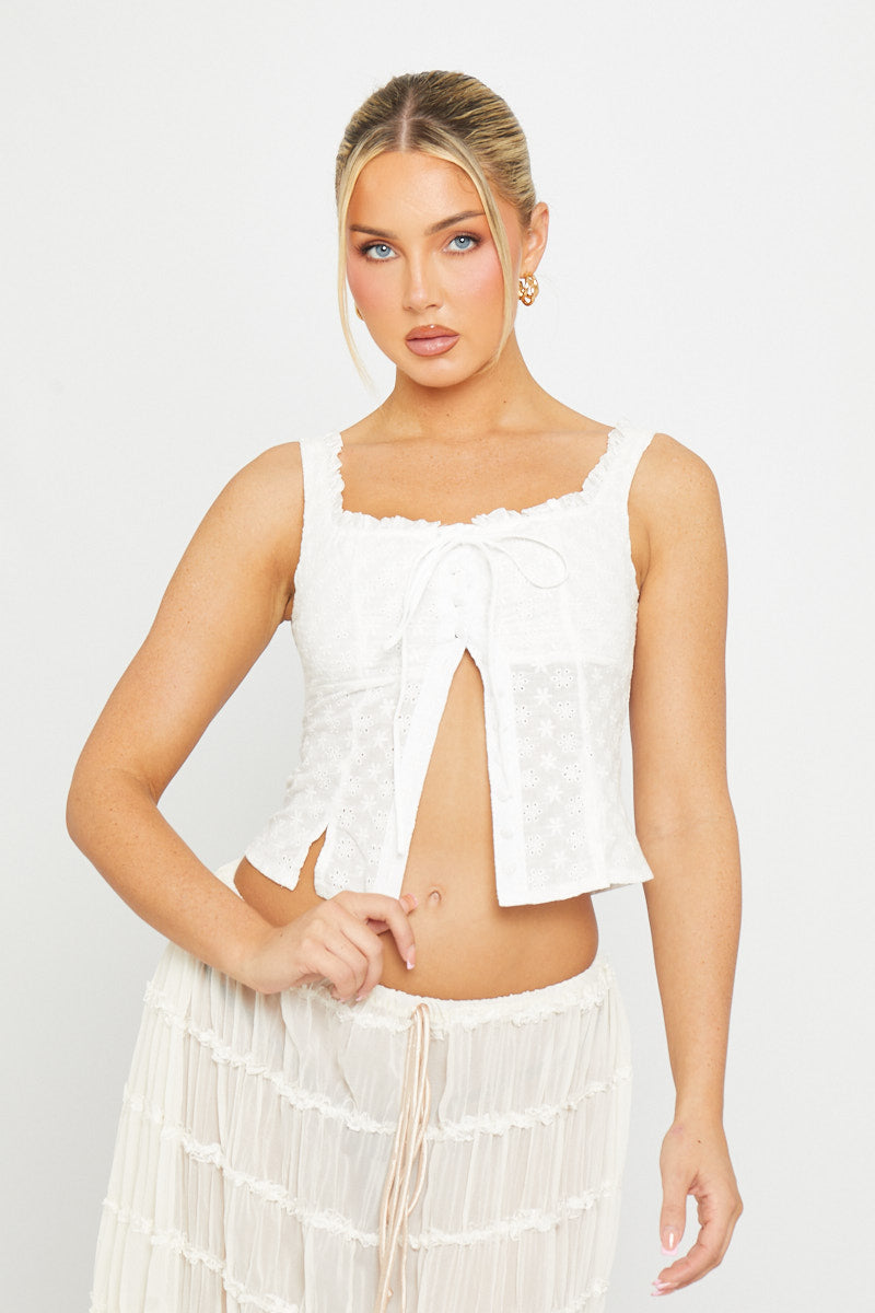 Floral Embroidered Tie Front Top in White