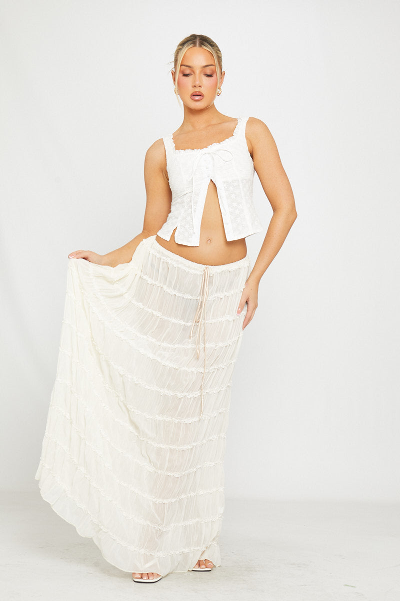Floral Embroidered Tie Front Top in White