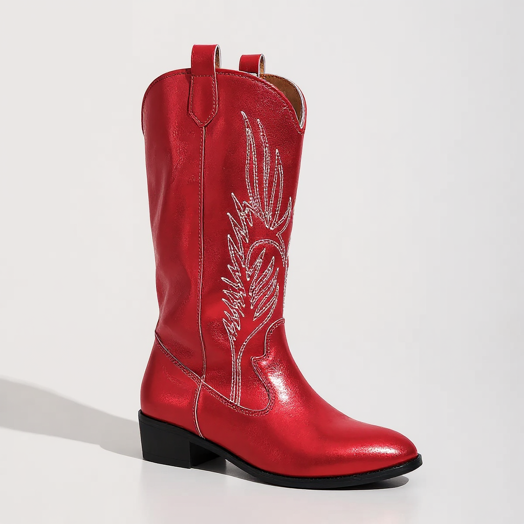 Polished Xylia Glossy Mid-Calf Heeled Western Boots