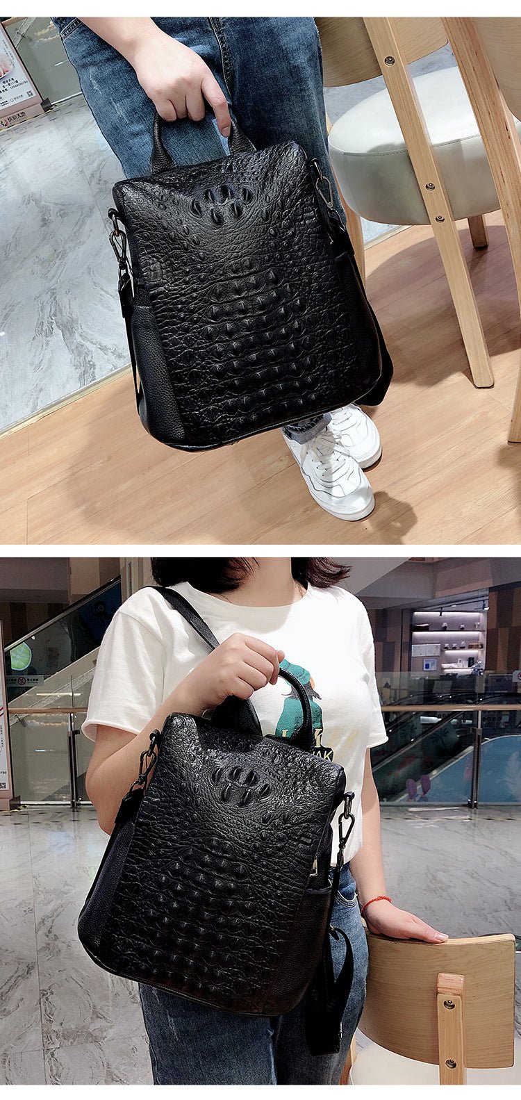 Croc-Effect Genuine Leather Backpack