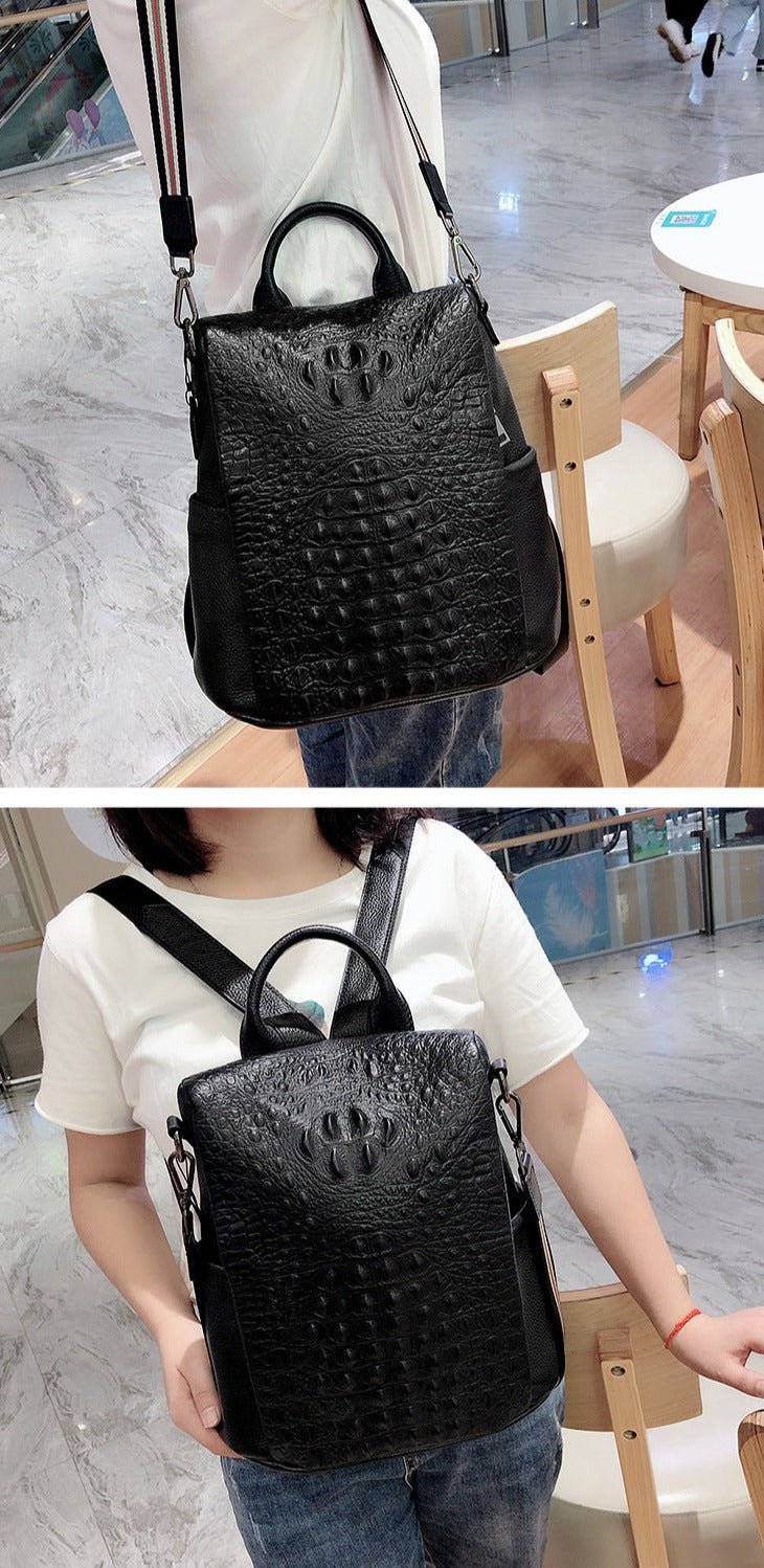 Croc-Effect Genuine Leather Backpack