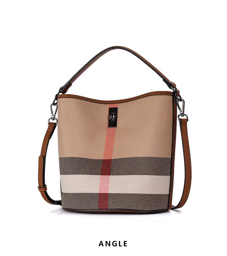 Genuine Leather Bucket Bag with Plaid Detail