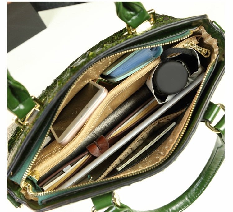Genuine Leather Tote Bag with Croc-Effect Detail