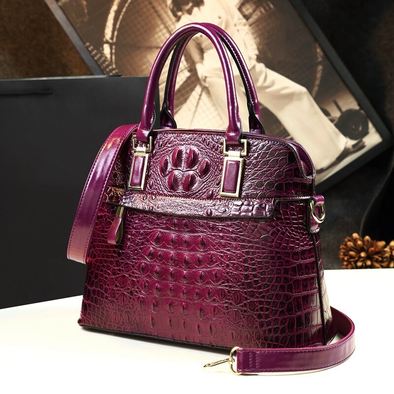Genuine Leather Tote Bag with Croc-Effect Detail
