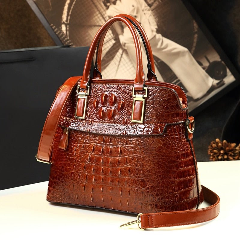 Genuine Leather Tote Bag with Croc-Effect Detail