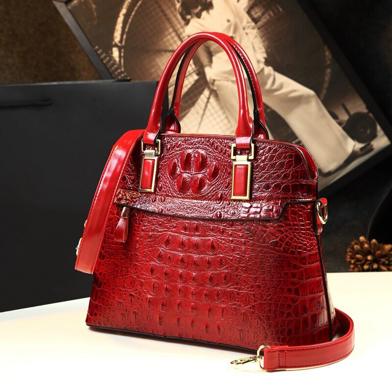 Genuine Leather Tote Bag with Croc-Effect Detail