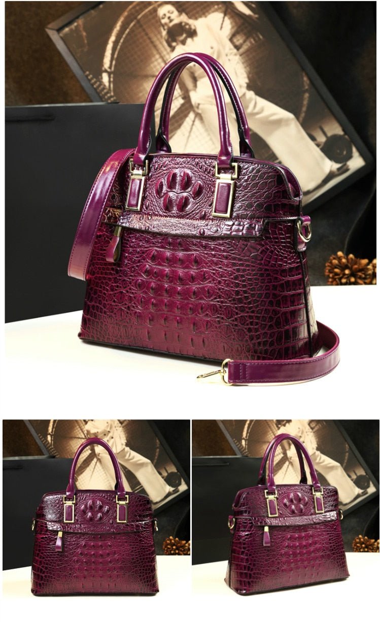 Genuine Leather Tote Bag with Croc-Effect Detail