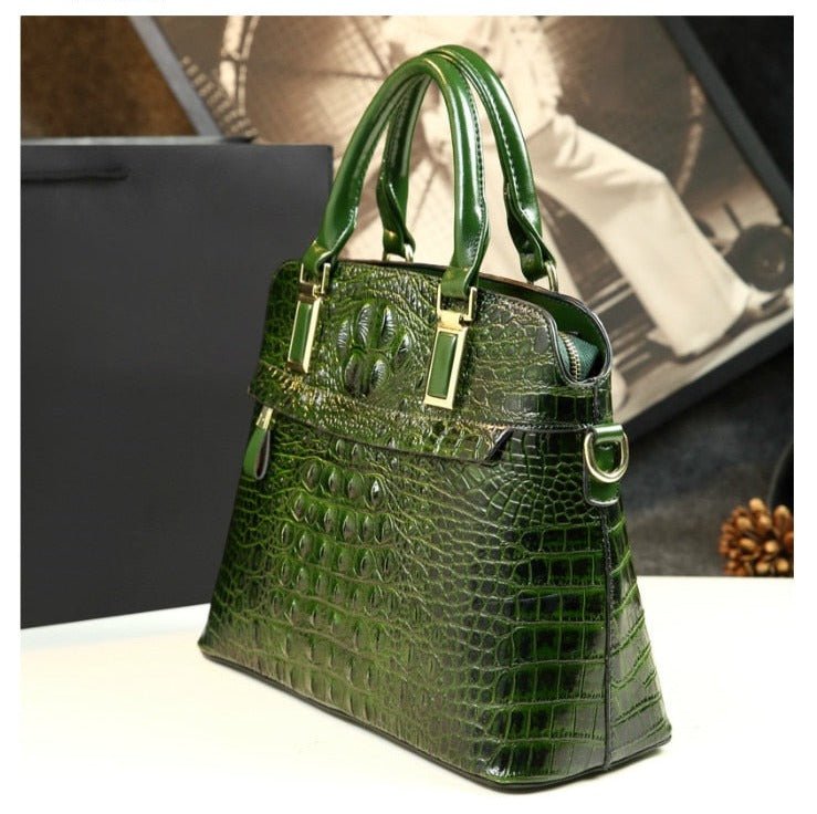 Genuine Leather Tote Bag with Croc-Effect Detail