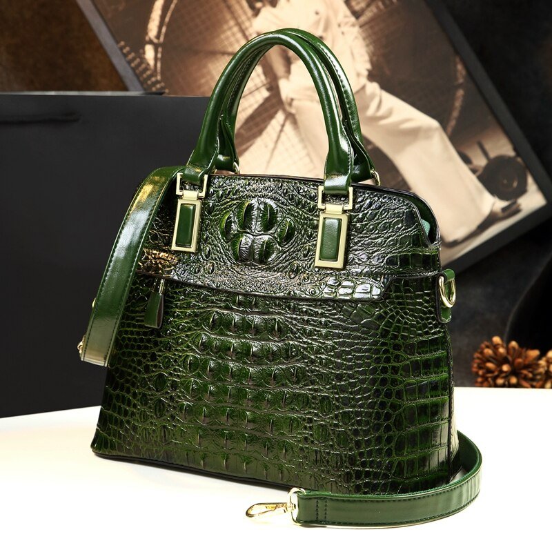 Genuine Leather Tote Bag with Croc-Effect Detail
