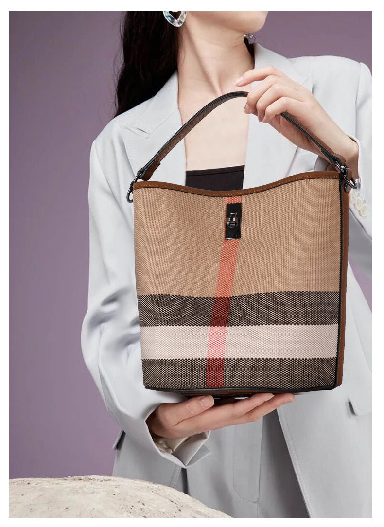 Genuine Leather Bucket Bag with Plaid Detail